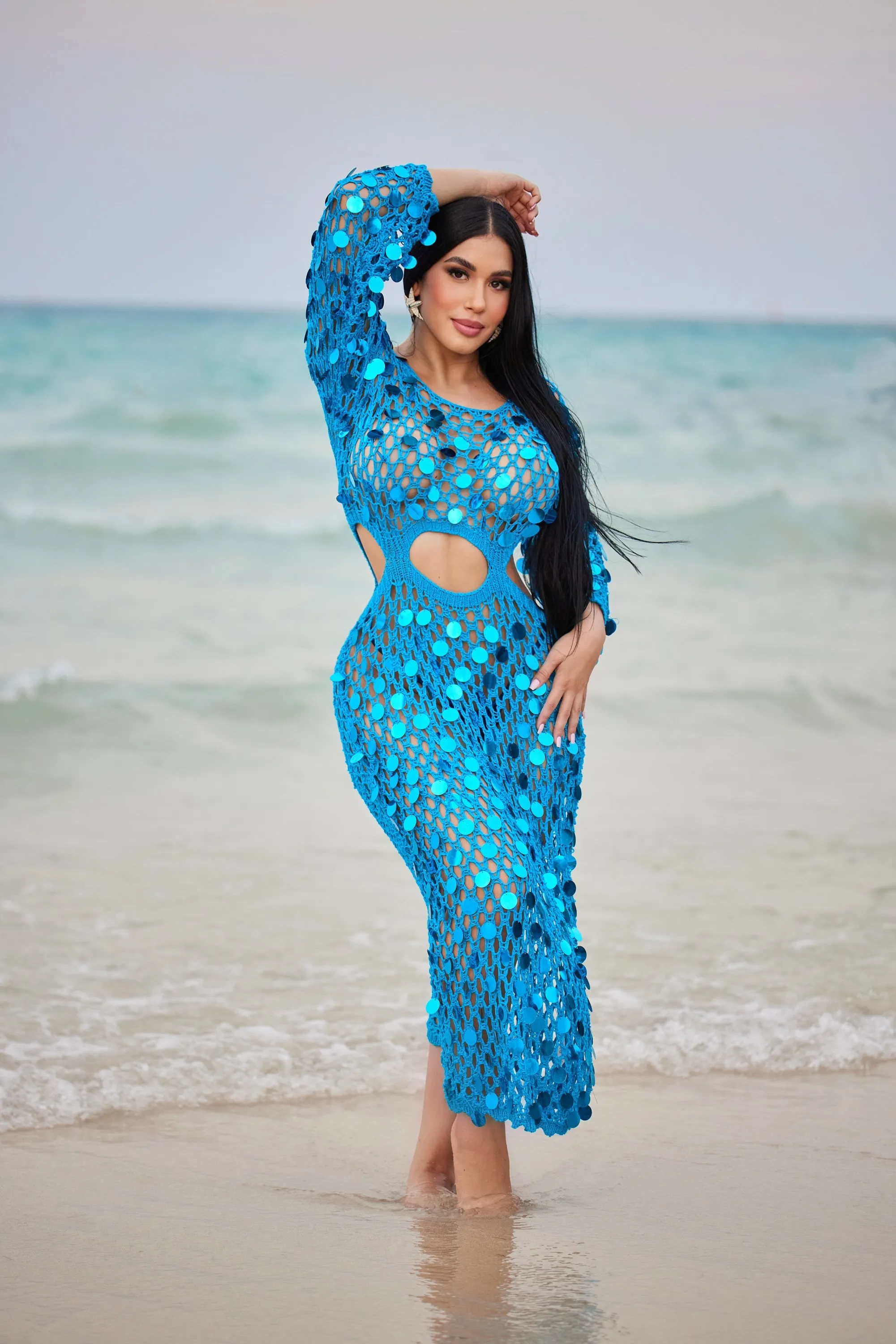 Blue sequin crochet cover up dress