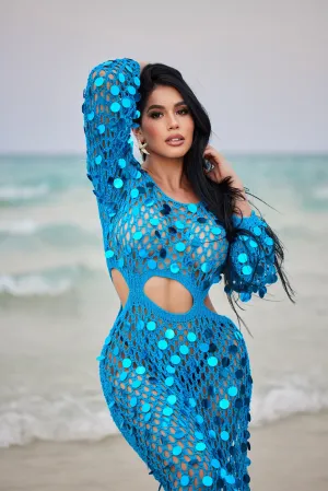 Blue sequin crochet cover up dress