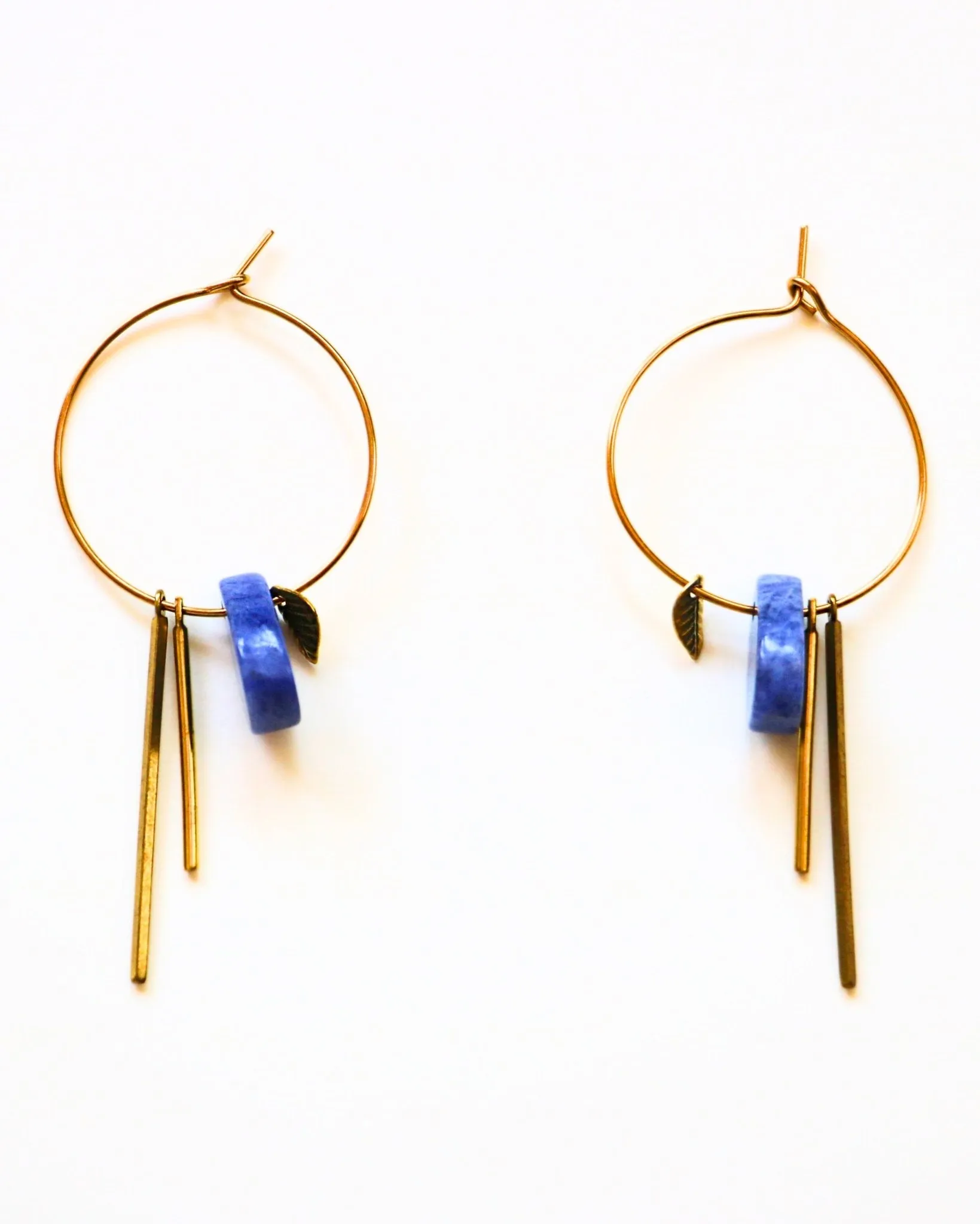 Blue Sodalite Medium Hoop Feather Gold Earrings by Sage Machado