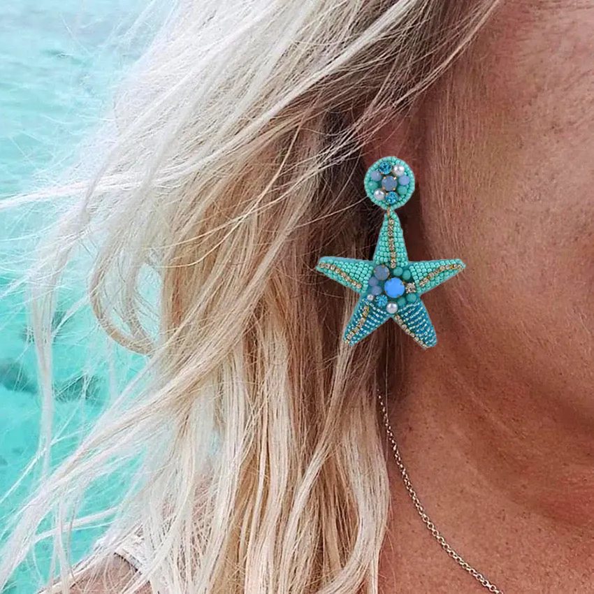 Blue Starfish Beads Earrings