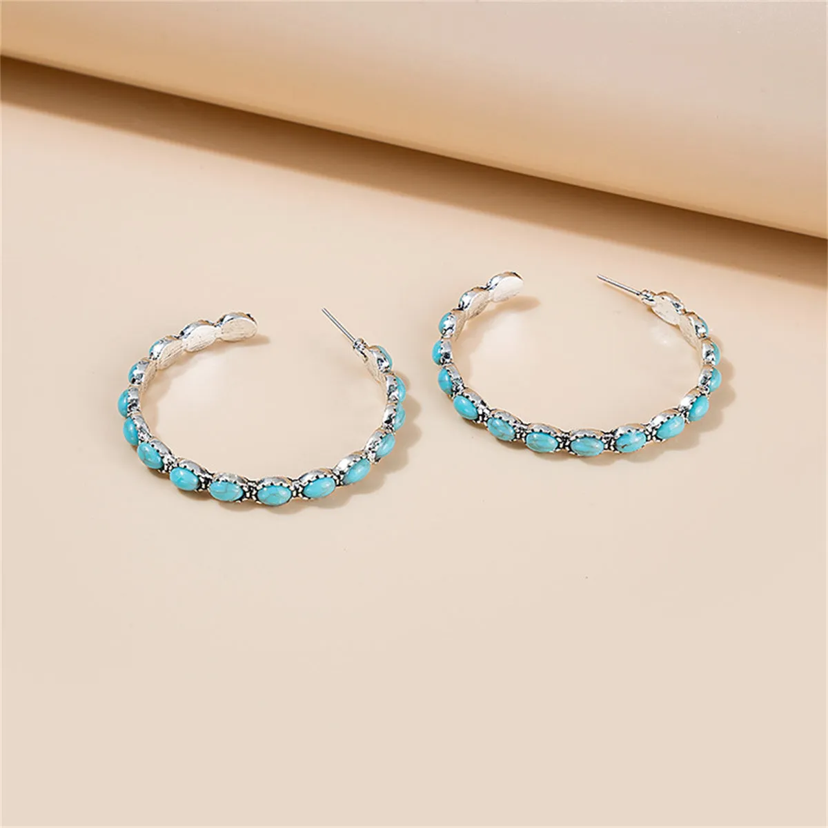 Blue Turquoise & Silver-Plated Oval-Cut Hoop Earrings
