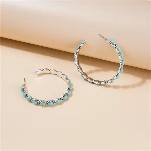 Blue Turquoise & Silver-Plated Oval-Cut Hoop Earrings