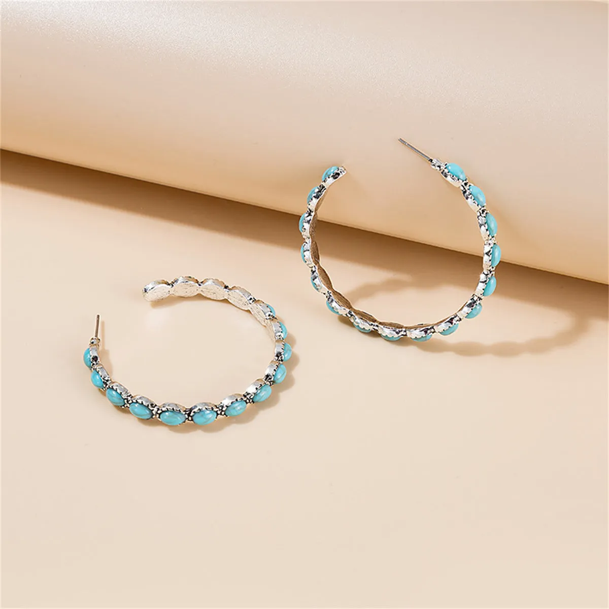Blue Turquoise & Silver-Plated Oval-Cut Hoop Earrings