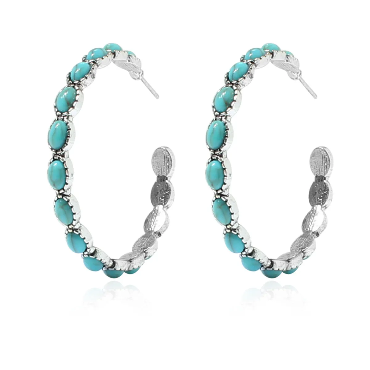 Blue Turquoise & Silver-Plated Oval-Cut Hoop Earrings