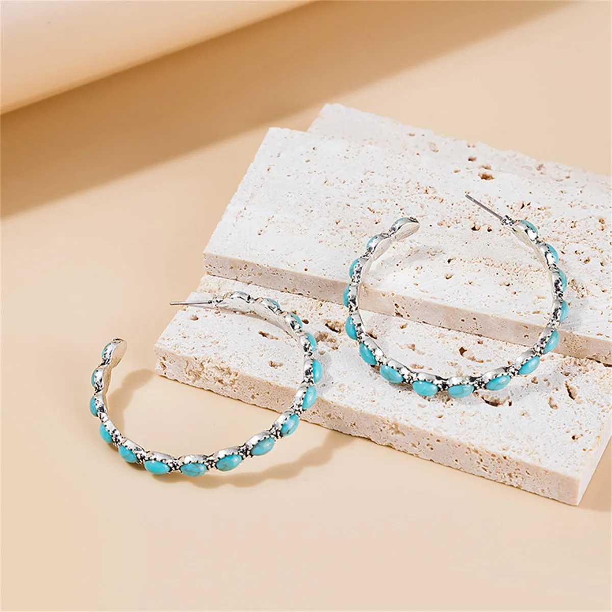 Blue Turquoise & Silver-Plated Oval-Cut Hoop Earrings