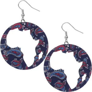 Blue Wooden Cutout Africa Shape Paisley Earrings