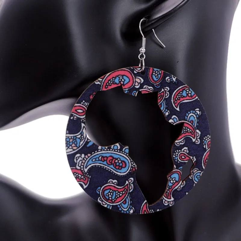 Blue Wooden Cutout Africa Shape Paisley Earrings