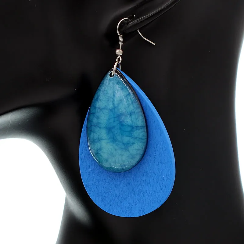 Blue Wooden Double Teardrop Earrings