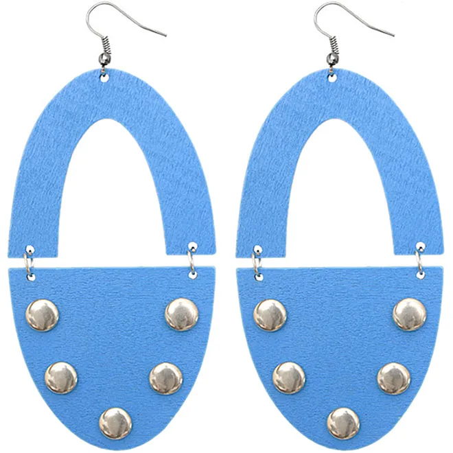 Blue Wooden Oval Studded Earrings