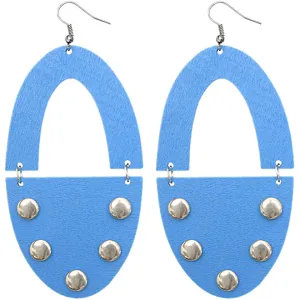 Blue Wooden Oval Studded Earrings
