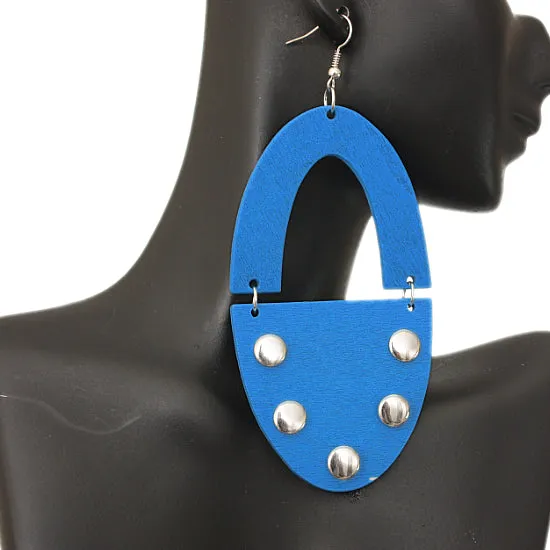 Blue Wooden Oval Studded Earrings