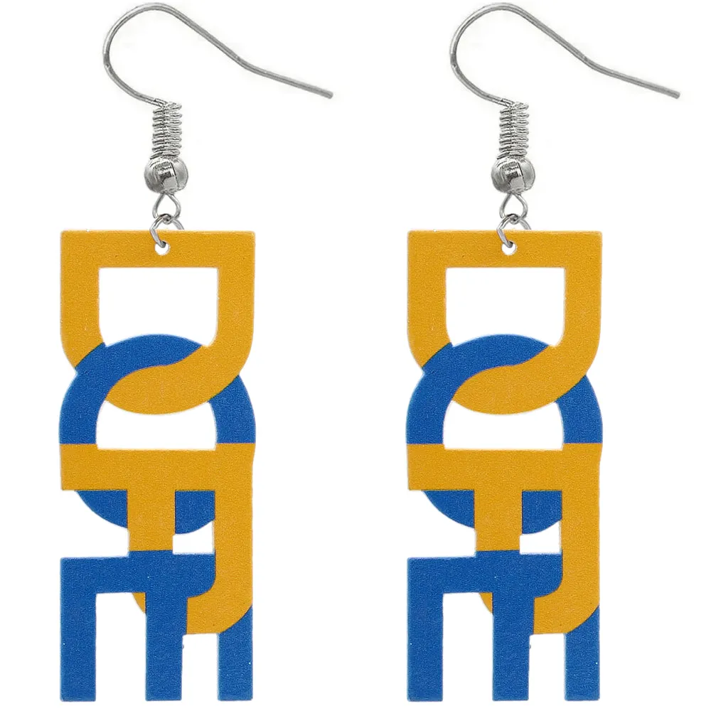 Blue Yellow Dope Wooden Letter Earrings