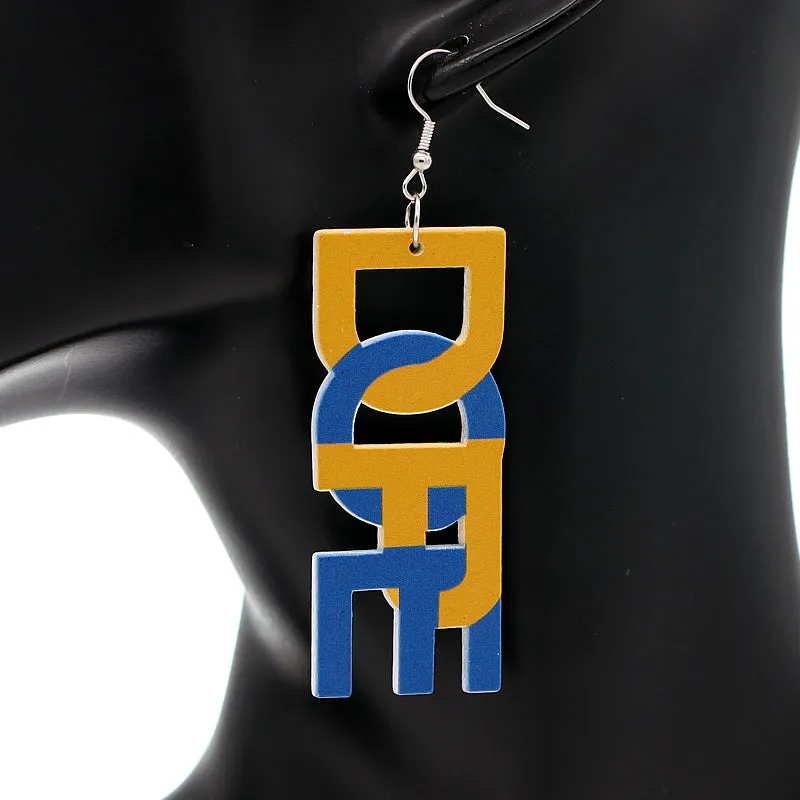 Blue Yellow Dope Wooden Letter Earrings