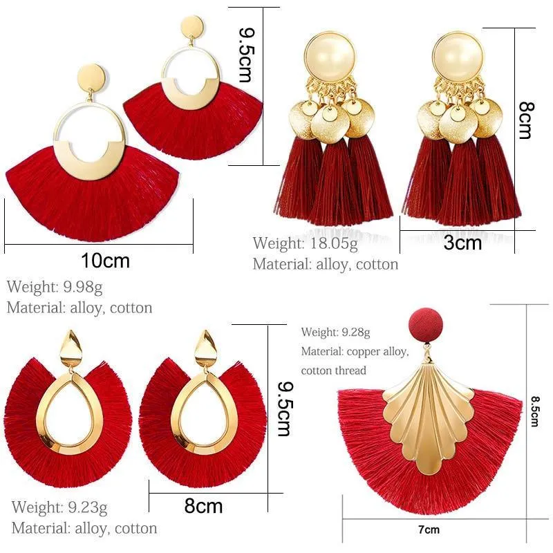 Bohemian Big Tassel Dangle Drop Earrings for Women Statement Wedding Red Fringe Female EarringsA