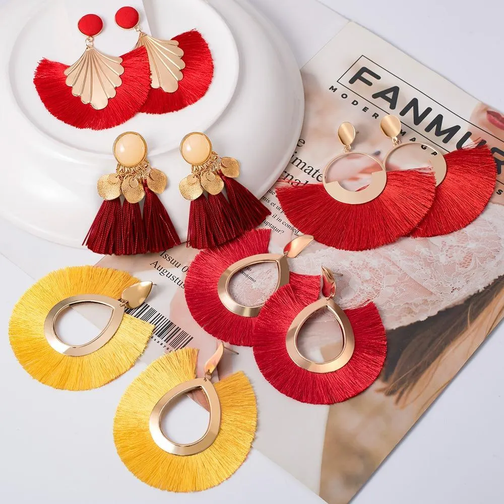 Bohemian Big Tassel Dangle Drop Earrings for Women Statement Wedding Red Fringe Female EarringsA