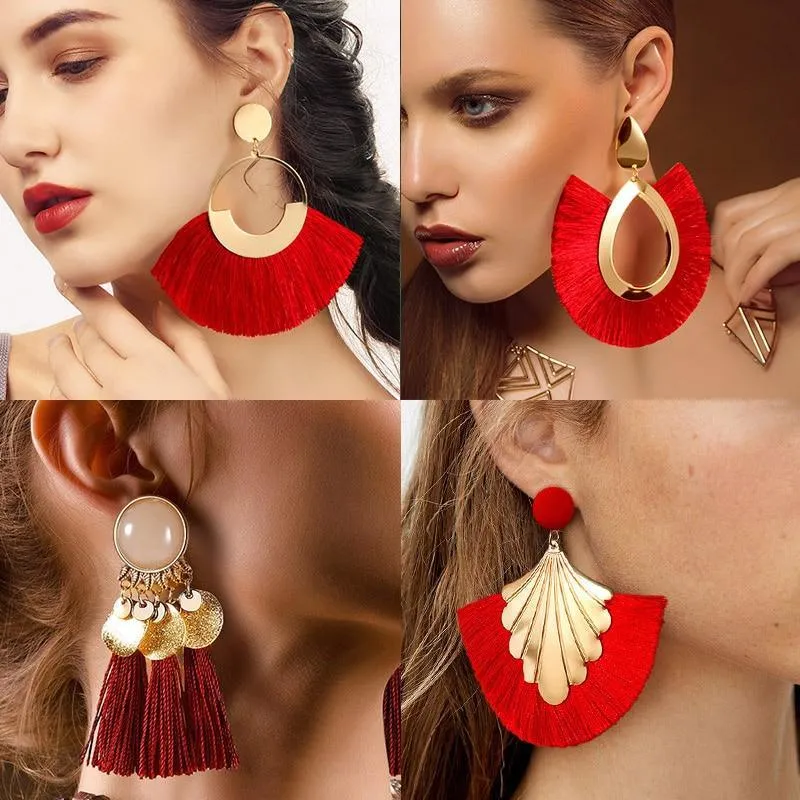 Bohemian Big Tassel Dangle Drop Earrings for Women Statement Wedding Red Fringe Female EarringsA