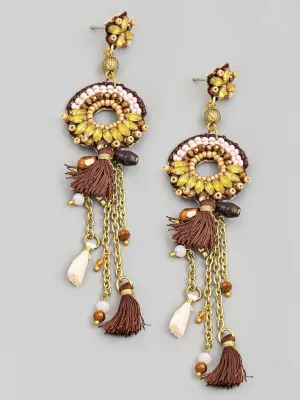 Boho Beaded Tassel Fringe Statement Earrings
