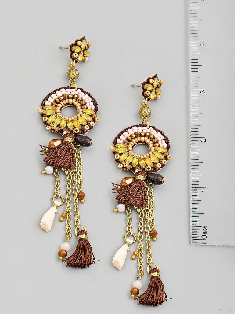 Boho Beaded Tassel Fringe Statement Earrings