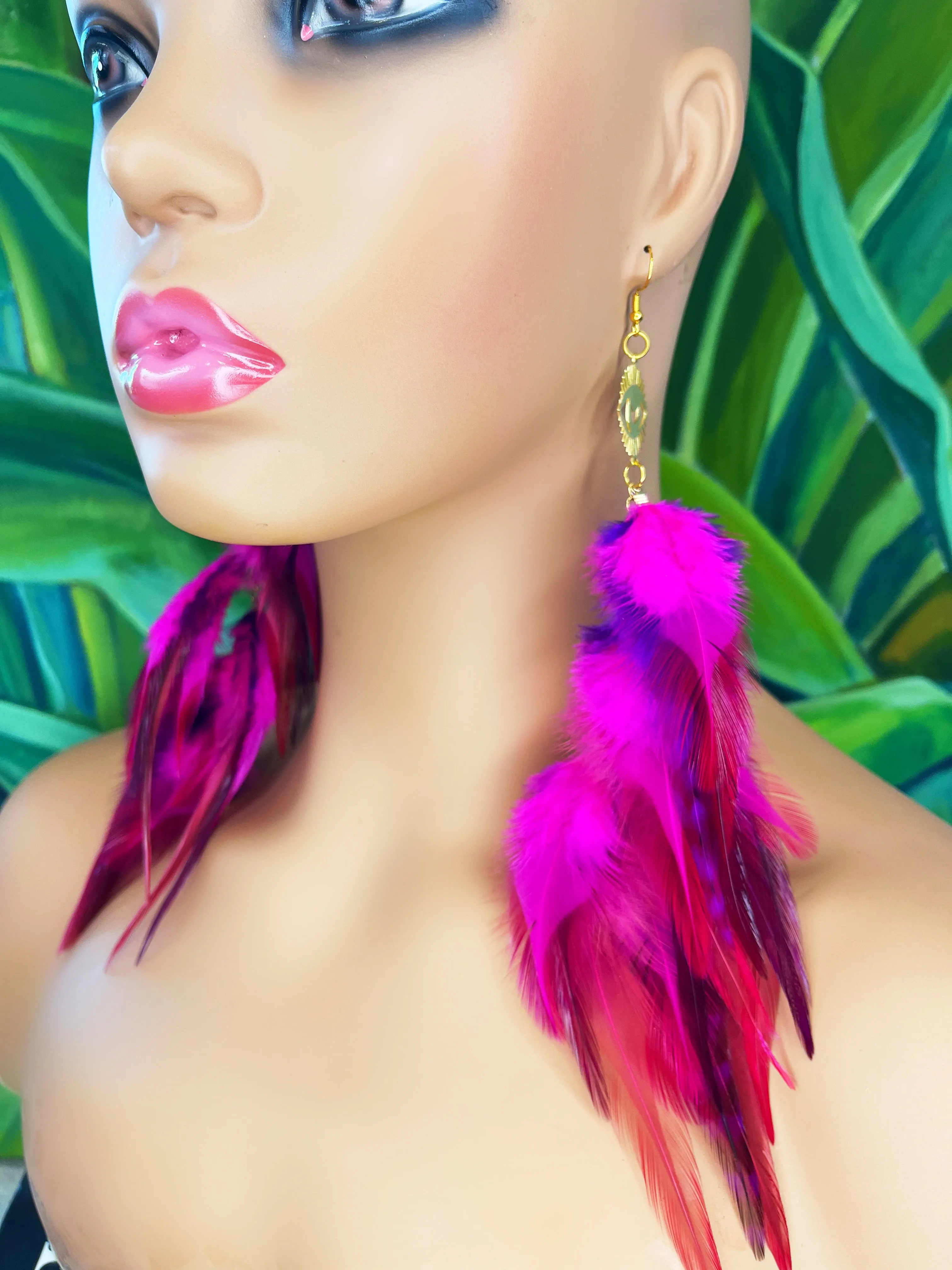 Boho Chic Long Fluffy Feather Earrings - Fuchsia Visions