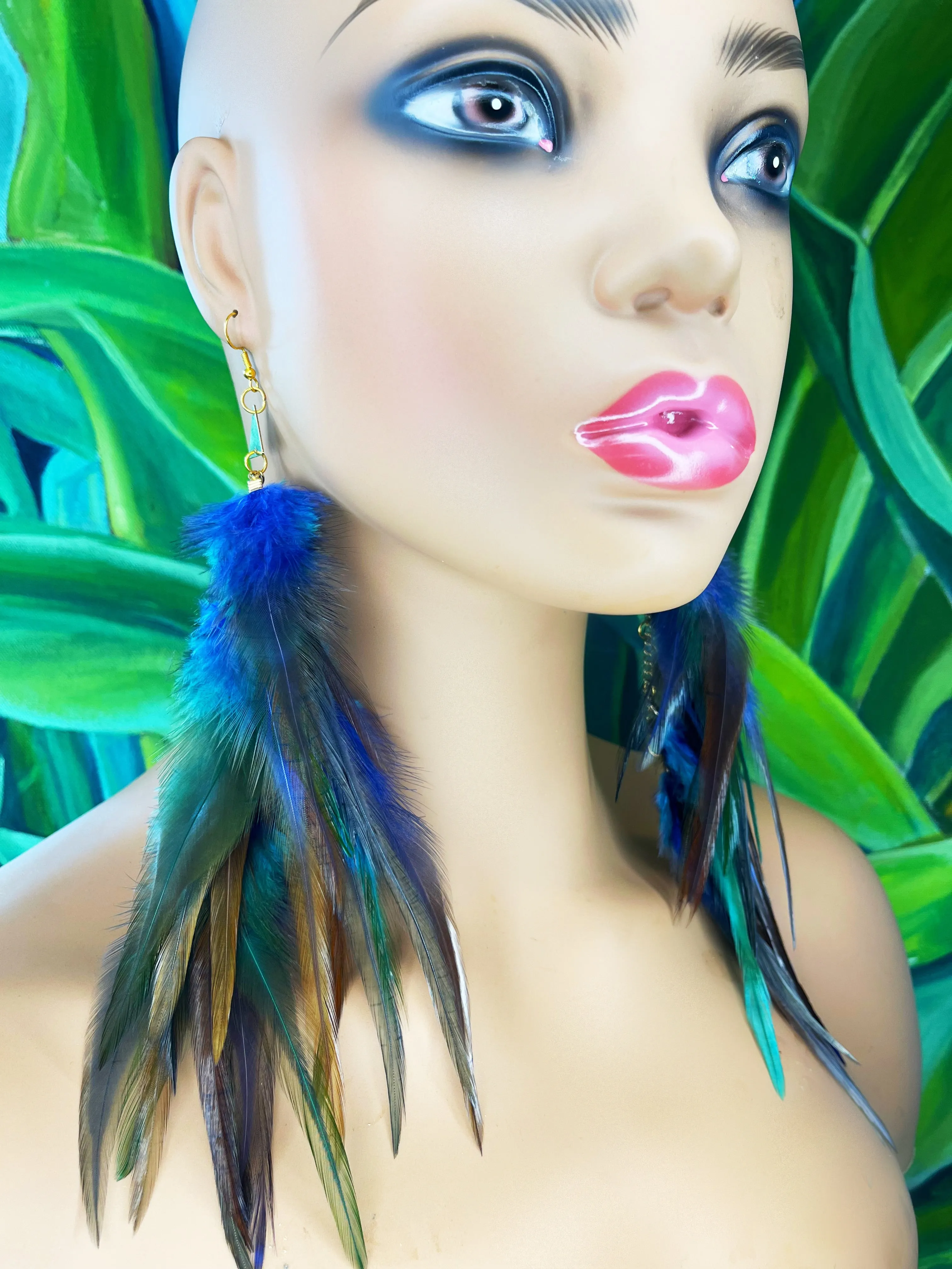 Boho Chic Long Fluffy Feather Earrings - Sea Birds