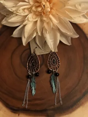 Boho Copper Dangle Feather Earrings