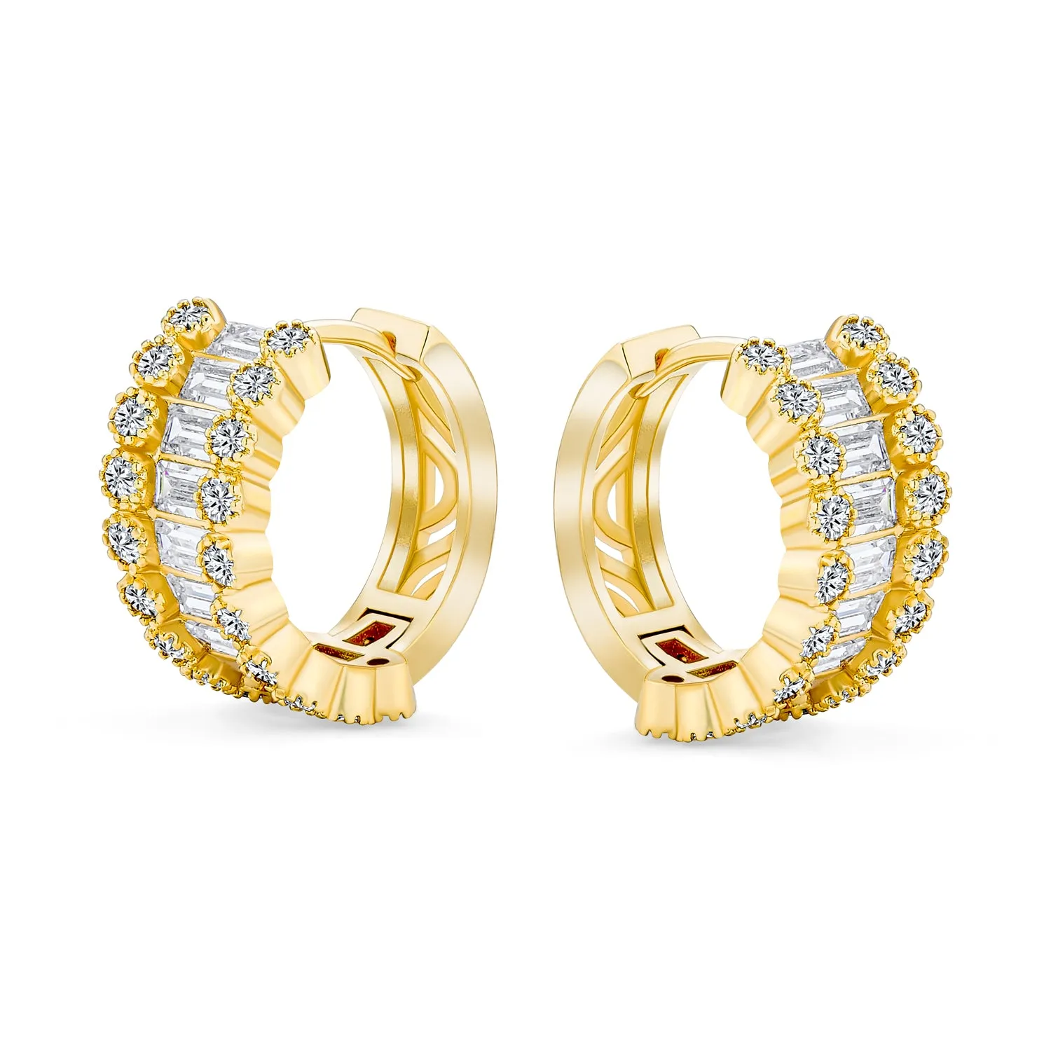 Bridal CZ Emerald Cut Milgrain Edge Hoop Huggie Earrings Gold Plated 0.5 Inch