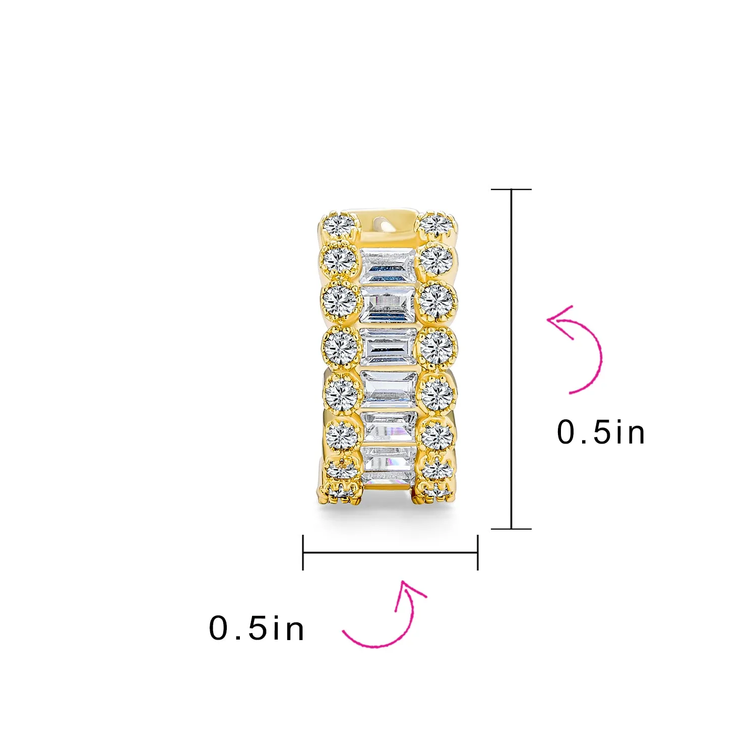 Bridal CZ Emerald Cut Milgrain Edge Hoop Huggie Earrings Gold Plated 0.5 Inch