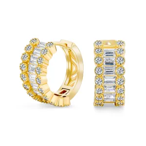 Bridal CZ Emerald Cut Milgrain Edge Hoop Huggie Earrings Gold Plated 0.5 Inch