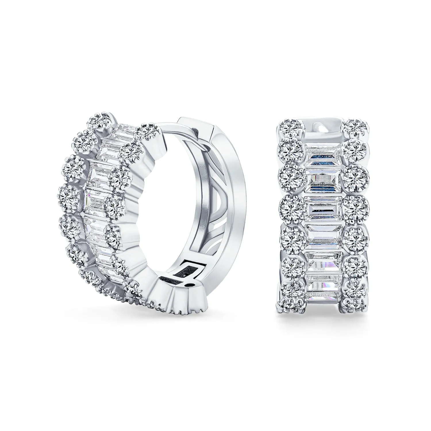 Bridal CZ Emerald Cut Milgrain Edge Hoop Huggie Earrings Gold Plated 0.5 Inch