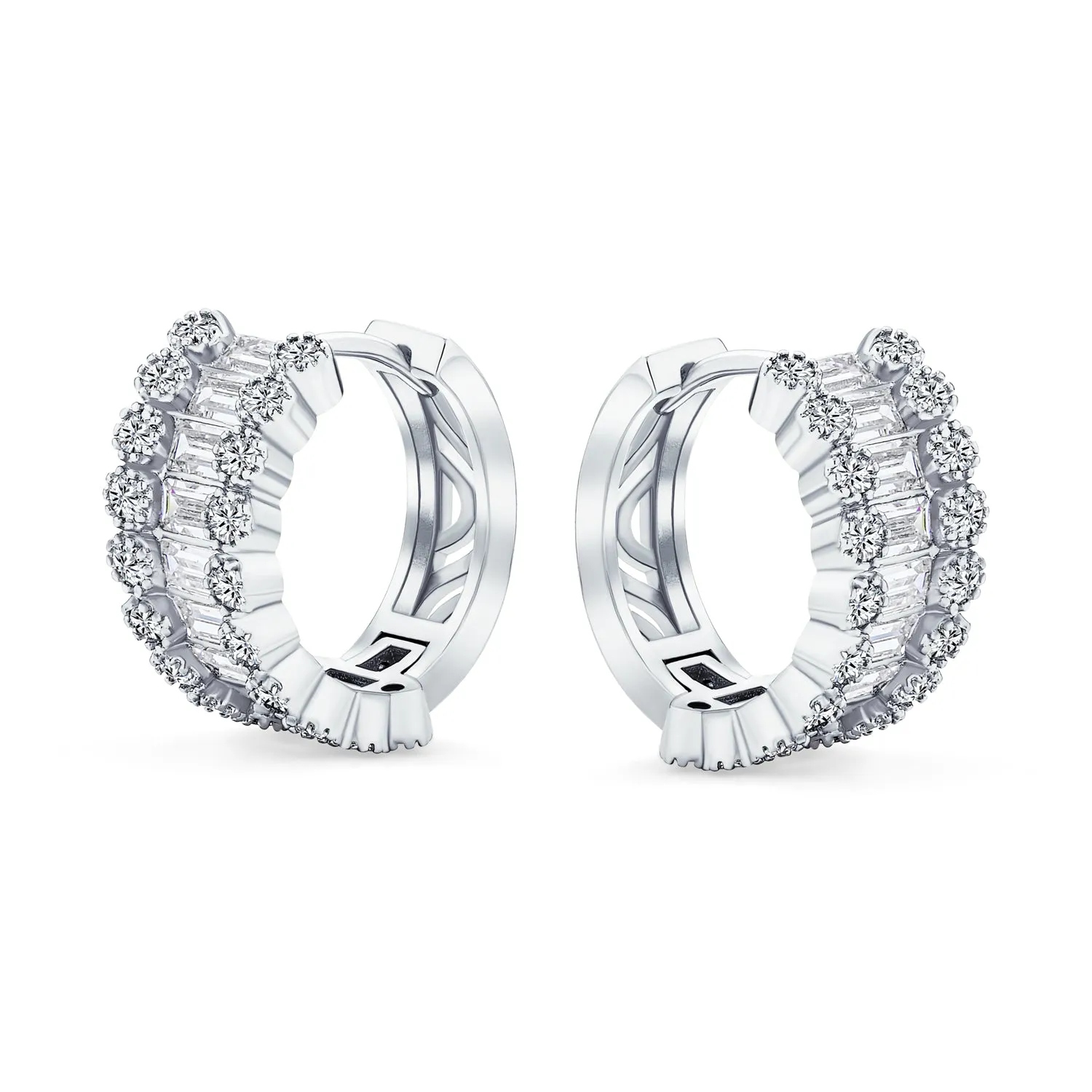 Bridal CZ Emerald Cut Milgrain Edge Hoop Huggie Earrings Gold Plated 0.5 Inch