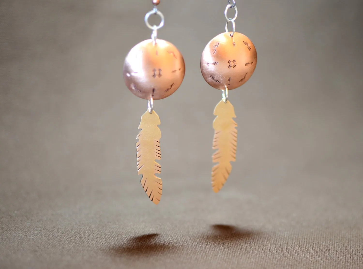 Bronze Feathers from Copper Disc Dangle Earrings