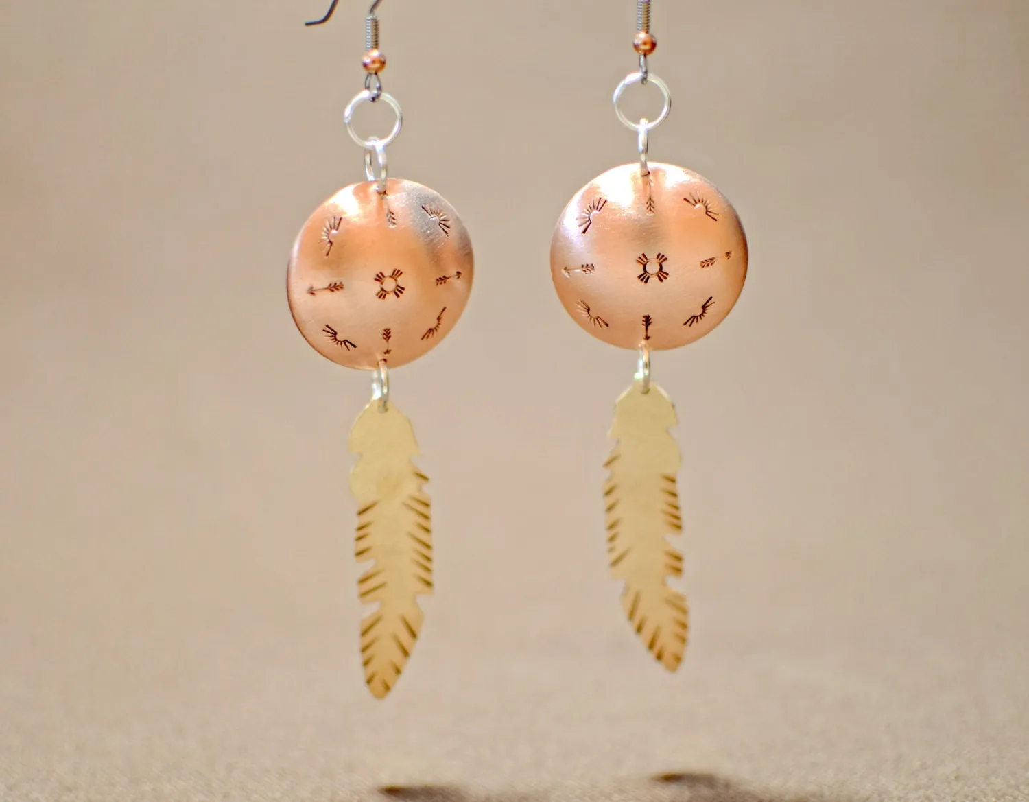 Bronze Feathers from Copper Disc Dangle Earrings