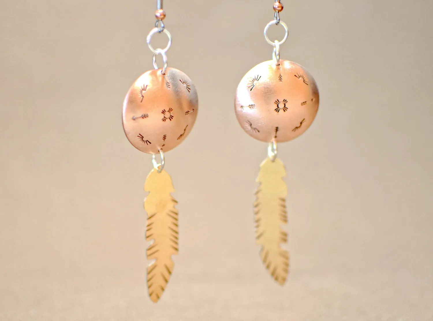 Bronze Feathers from Copper Disc Dangle Earrings