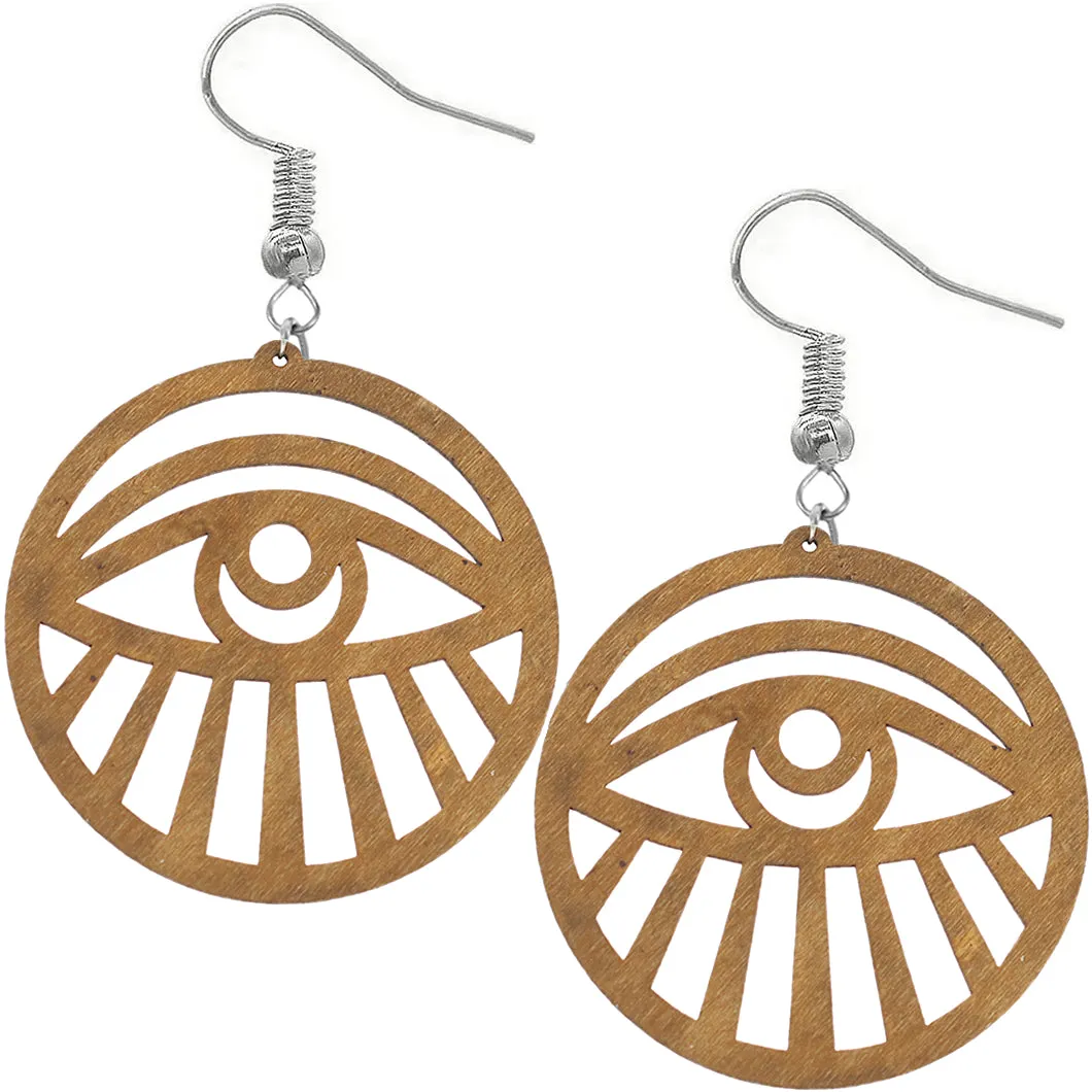 Brown Evil Eye Large Wooden Earrings