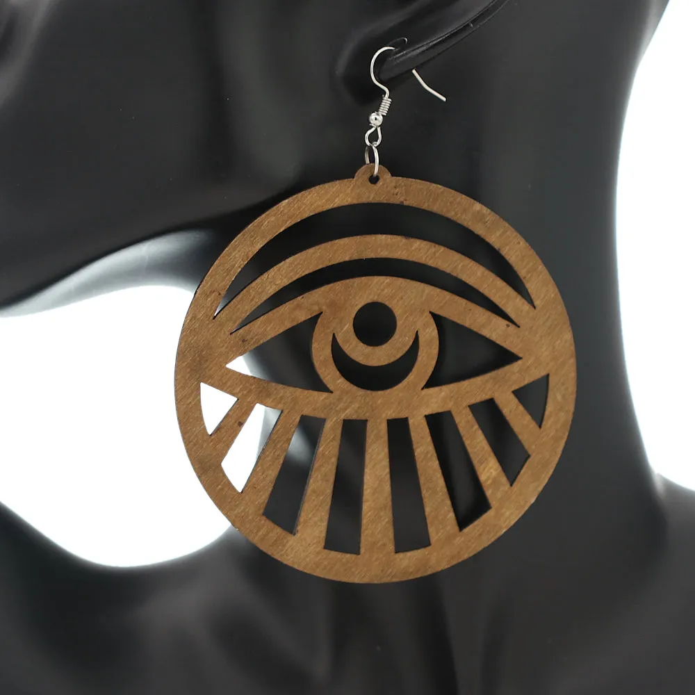Brown Evil Eye Large Wooden Earrings