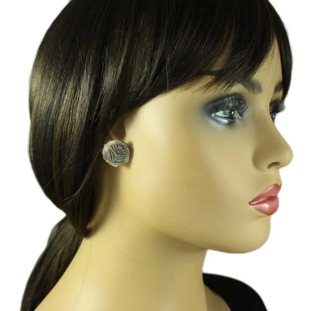 Brown Genuine Shell Engraved Rose Pierced Earring - SLP061E