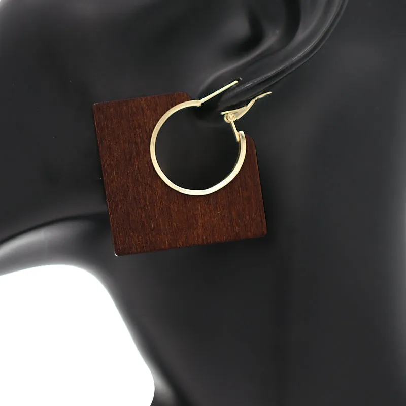 Brown Geometric Wooden Mini Earrings