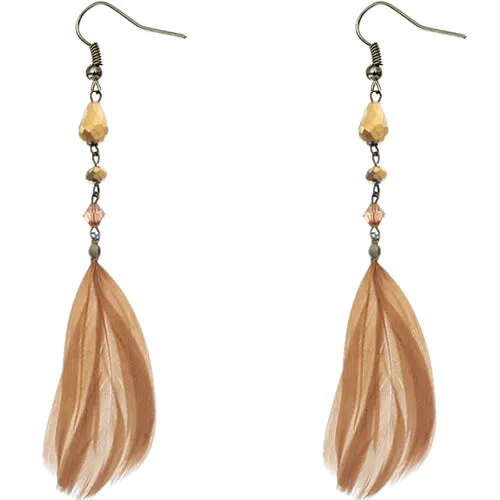 Brown Long Beaded Feather Earrings