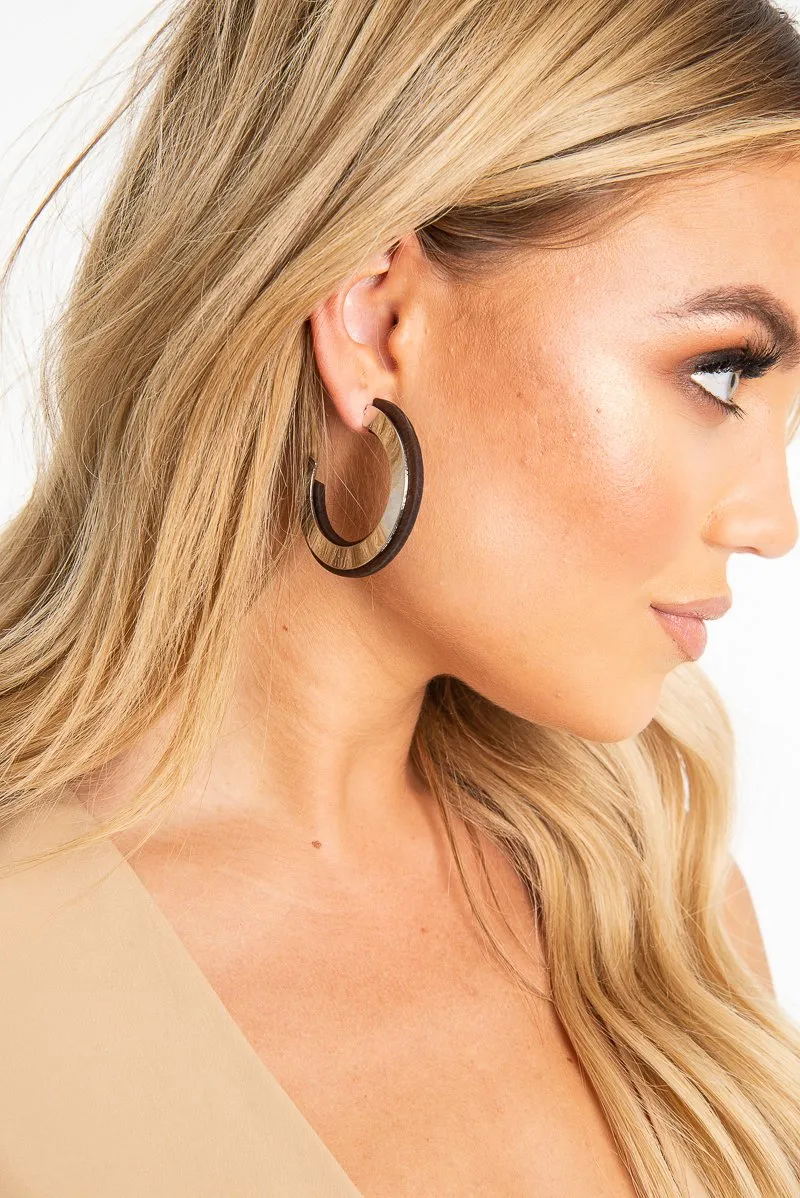 Brown Metallic Wooden Semi Circle Earrings - Keelie