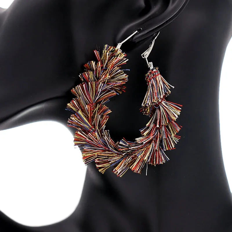 Brown Multicolor Wrapped Tassel Teardrop Hoop Earrings