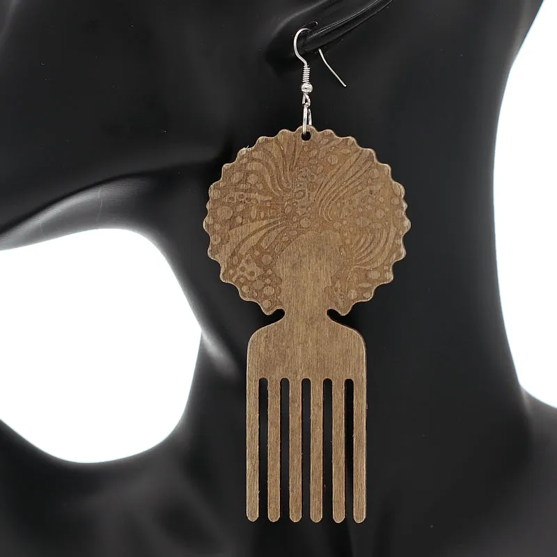 Brown Natural Hair Afro Pick Wooden Earrings