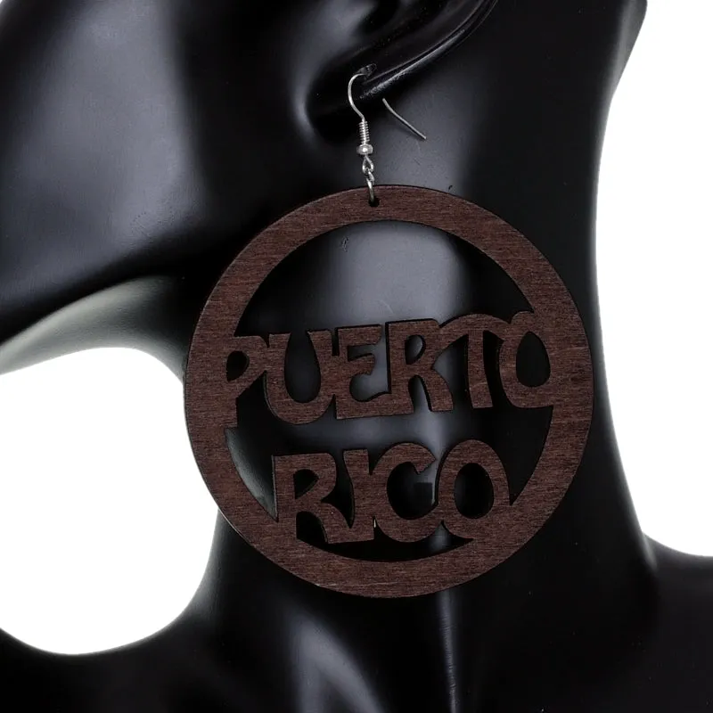 Brown Puerto Rico Word Wooden Hoop Earrings