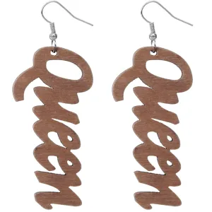 Brown Queen Cursive Word Wooden Earrings