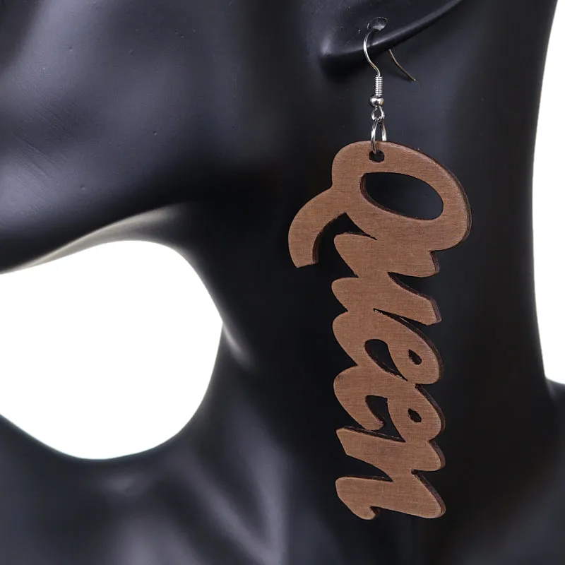 Brown Queen Cursive Word Wooden Earrings