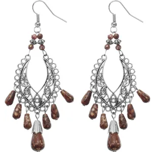 Brown Silver Beaded Filigree Drop Earrings