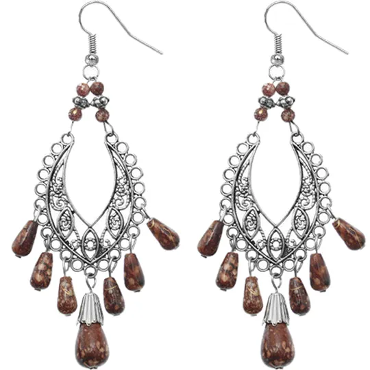 Brown Silver Beaded Filigree Drop Earrings