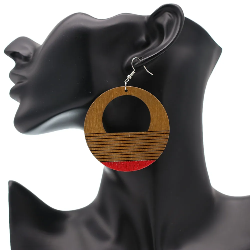 Brown Wooden Red Painted Circular Earrings