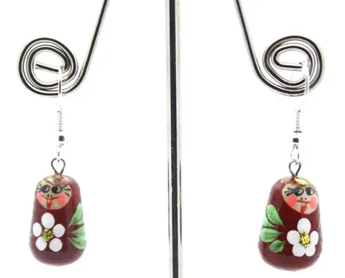 Burgundy with Flower Matryoshka Doll Earrings