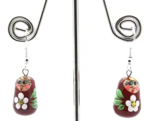 Burgundy with Flower Matryoshka Doll Earrings