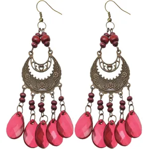Burgundy Wooden Beaded Chandelier Earrings